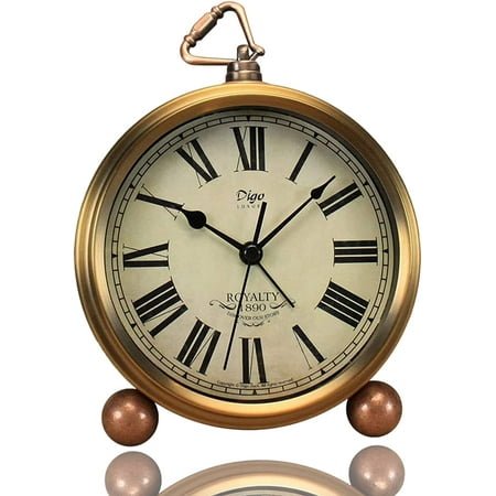 Golden Table Clock, Retro Vintage Non-Ticking Table Desk Alarm Clock Battery Operated Silent Quartz Movement HD Glass for Bedroom Living Room Indoor Decoration Kids