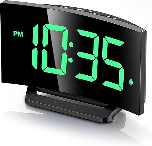 GOLOZA Digital Alarm Clock for Bedroom, Digital Clock with Modern Curved Design, Conspicuous LED Numbers, 5 Levels Brightness+Off, 2 Volume, 3 Alarm Tones, Snooze, Power-Off Memory, 12/24H