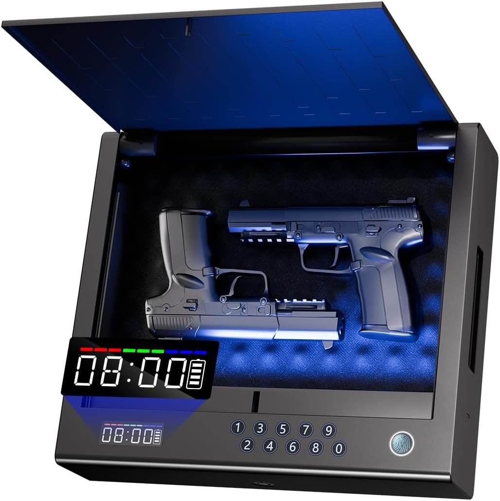 Gun Safe,Biometric Gun Safe for Pistols,Fingerprint ≤0.1s Quick Access Handgun Safe Pistol Safe with LCD Display for Time Battery/Full-digital Keypad,Safe for Nightstand,car (Frosted Black)