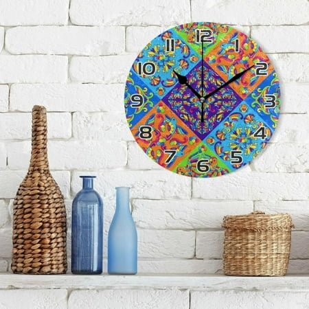 GZHJMY Mexican Talavera Ceramic Tile Pattern Clock, Silent Round Wall Clock, Non Ticking Battery Device Clocks, Creative Decoration Wall Clock for Living Room Bedroom Office Kitchen