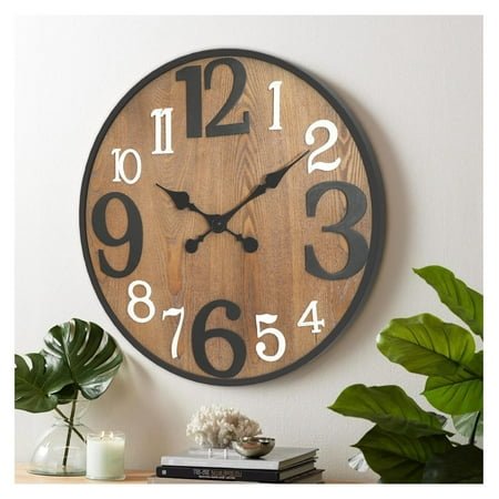 han chong 24 Inch Wood Wall Clock, Modern Large Numerals Battery Operated Quartz Movement, Black Metal Frame Decor Clock for Living Room Office Kitchen Bedroom, Entryway, Home, Office