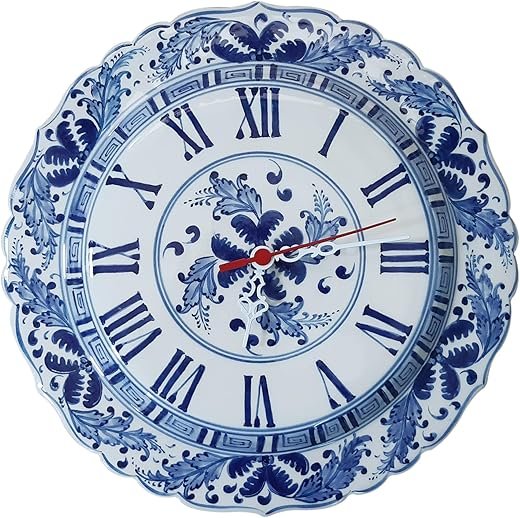 Handmade Ceramic Wall Clock, Chinoiserie Wall Clock, Roman Clock 11.8 inches (30 cm) in Diameter with Clock Mechanism, Bleu-Blanc Clock, Blue and White Clock