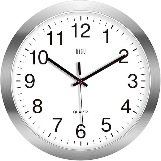 HITO 12 Inch Silent Wall Clock Battery Operated Non Ticking Glass Cover Silver Aluminum Frame, for Kitchen, Bedroom, Home Office, Living Room Decor