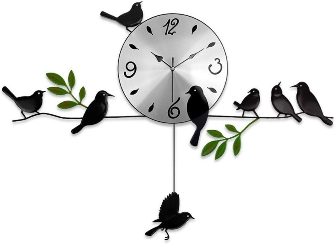 Home Decorative Metal Analogue Bird Swing Pendulum Wall Clock with Green Leaf for Living Room,Office,Bar,Kitchen