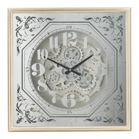 HomeRoots 485984 23.6 x 23.6 x 3.1 in. Gold & Silver Square Wood & Mirror Exposed Gear Wall Clock