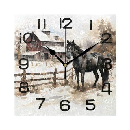 Horse Farmhouse Wall Clock Square Silent Non-Ticking Battery Operated Retro 7.78 Clock Home Kitchen Office Decoration