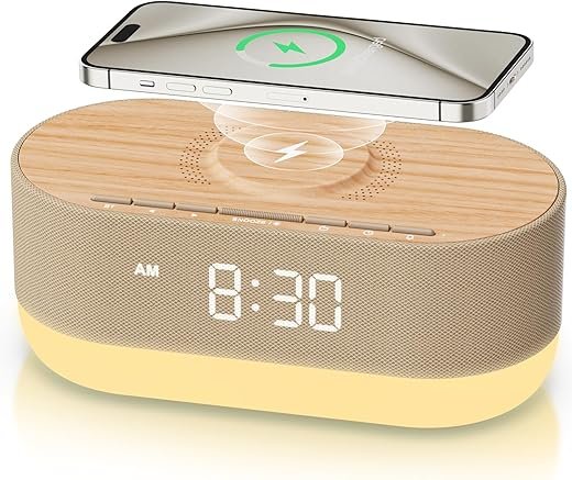 HOUSBAY 3-in-1 Alarm Clock Radio & Wireless Charger & Bluetooth Dual Speaker, 10W Charging Station for iPhone/Samsung, Dimmable Bedside Night Light, Soft Alarm, FM Radio Clock for Bedroom - Wood Tone