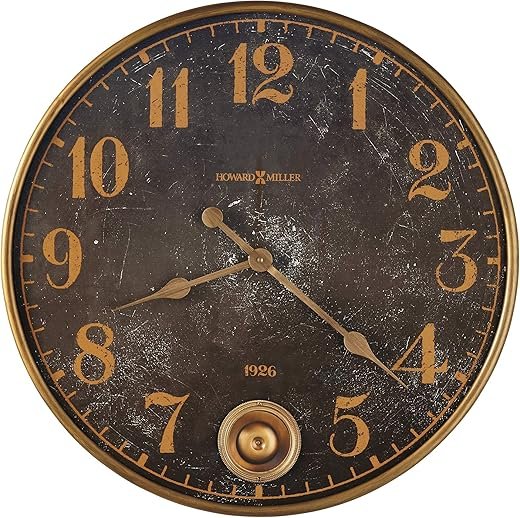 Howard Miller Union Depot Wall Clock, Black Dial Brass Finish Pendulum Quartz Movement Black Analog Dial, Battery Powered Wall Mount Best for Home Decor, Living Room & Office Decor