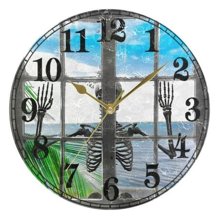 Human Skeleton Outside Window Silent Wall Clock 10 Non-Ticking Battery Clock