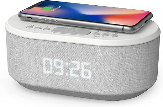 i-box Dawn, Alarm Clock for Bedrooms, FM Radio Alarm Clock with Wireless Charging, Speakers with Bluetooth, Digital Alarm Clock, USB Port, Dimmable Night Light (White)