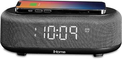 iHome Bluetooth Alarm Clock with Wireless Charger and USB Charging Station, Digital Alarm Clock for Bedrooms, Office, or Dorm (iBTW112)