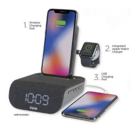 IHome TimeBase Pro+ Bluetooth Alarm Clock Wireless Fast Charging, USB, Apple Watch Charging