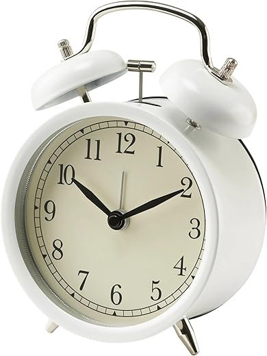 IKEA Dekad Nostalgic Alarm Clock Analogue Bell Alarm Clock with Steel Housing and Glass Front - W x D x H 10 x 6 x 14 cm - Includes AA Batteries - Black or White (White)