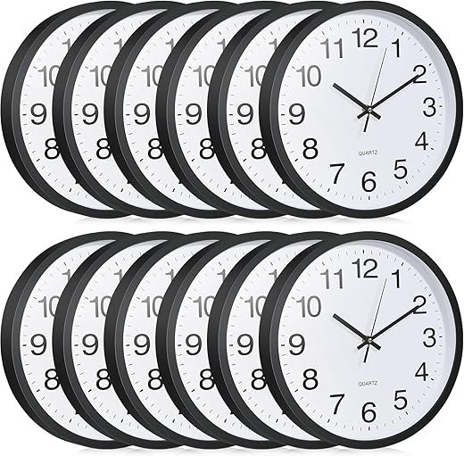 Inbagi 12 Pieces Silent Wall Clock Large 12 Inches Quartz Analog Clock Non Ticking Round Easy to Read Battery Operated for Classroom Office School Kitchen Bedroom Living Room Decorative