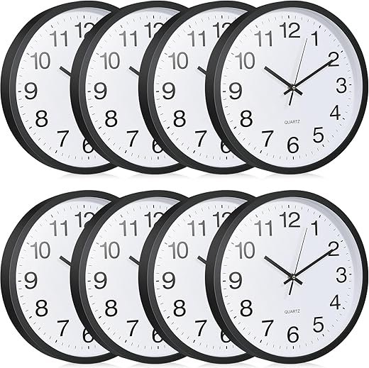 Inbagi 8 Pcs Wall Clock Bulk Large Silent Battery Operated Classroom Clocks Quartz Analog Non Ticking Wall Clocks Round for Office School Kitchen Classroom Home Bedroom Decorative(Black,12 Inch)