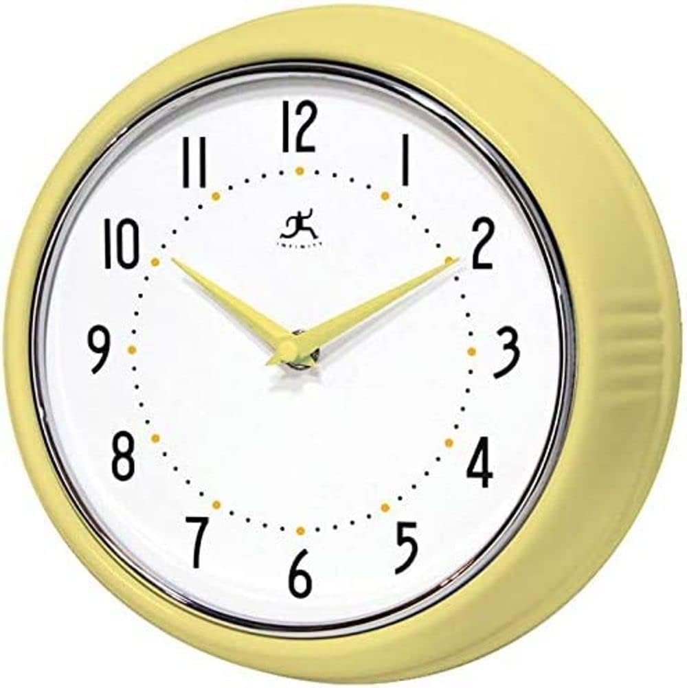 Infinity Instruments LTD. Retro 9 inch Silent Sweep Non-Ticking Mid Century Modern Kitchen Diner Wall Clock Quartz Movement Retro Wall Clock Decorative (Aura Yellow)…