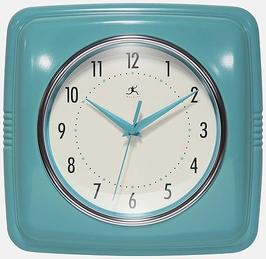 Infinity Instruments Retro Wall Clock - 9 Inch Square Clock - Silent Non-Ticking Mid Century Modern - Kitchen Clock Office Clock Diner Wall Clock - Vintage Wall Clock Decorative - Turquoise