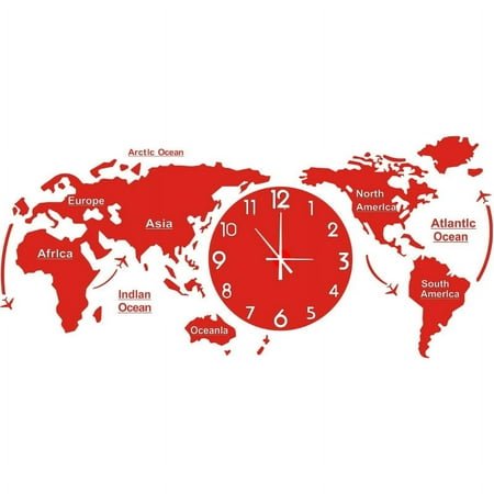 ionze Appliances World Map Wall Clock Home Bedroom Wall Personality Wall Clock Clock （Red）