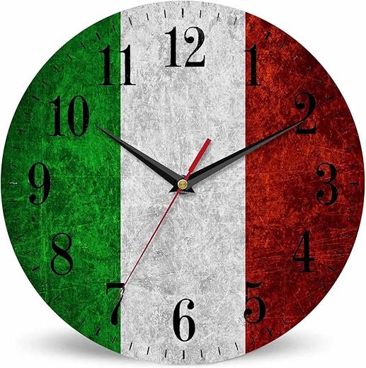 Italian Flag Wall Clock Retro Banner Texture Grunge Green White Red National Country 10 Inch Silent Non Ticking Battery Operated Clock Vintage Round Clock for Living Room Bedroom Office Decor