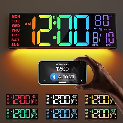 JALL 16.2" Large Digital Wall Clock with Bluetooth Sync, Alarm, Big LED, 8 RGB Color, Auto DST, Temperature for Living Room Bedroom Desk Mount, Xmas, Birthday Gift for Aged Elderly Mother Father