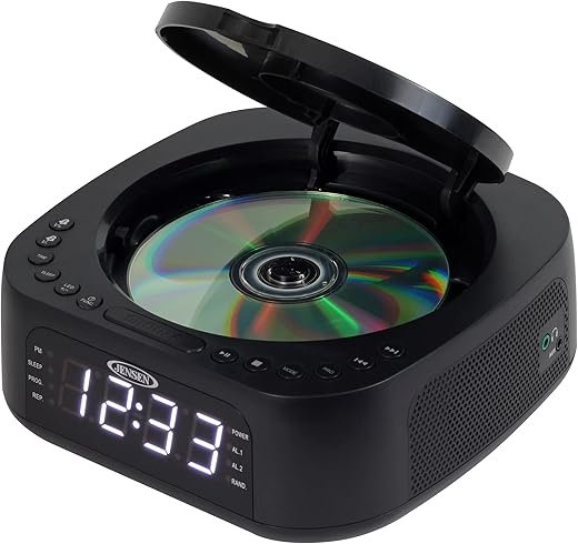 JENSEN JCR-375 Stereo Digital Dual-Alarm Clock with Top-Loading CD Player, FM Tuner, USB Charging Port, and Battery Backup