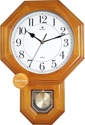 JUSTIME Traditional Schoolhouse Solid Wood Pendulum Wall Clock Chimes Hourly with Westminster Melody Chime (Natural Wood w/Westminster Chime) Made in Taiwan