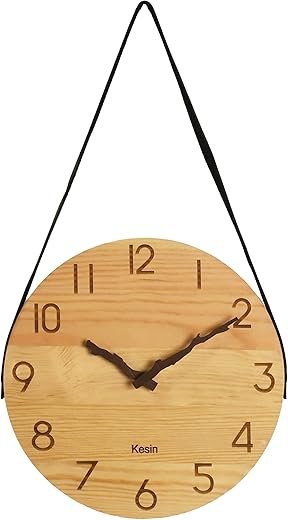 Kesin Wooden Wall Clocks 10 inch Silent Wall Clock Battery Operated Hand Made Round Farmhouse Clock with Rope Hanging Home Decor for Kitchen, Living Room, Bedroom, Office (Nature)