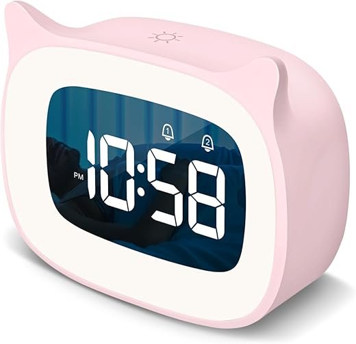 Kids Alarm Clock with Night Light & 18 Ringtones,Rechargeable,Cute Cat Ear Clock for Boys Girls Birthday Presents,Digital Clock for Children's Bedroom(Pink)