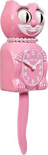 Kit-Cat Klock® Limited Edition Pink Satin Lady with Pearl Necklace - Cat Clock with Moving Eyes & Tail, Battery Operated Wall Clock, Made in USA