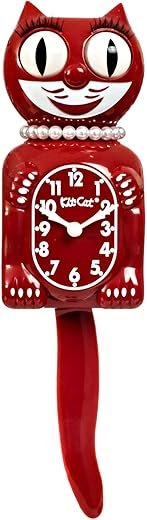 Kit-Cat Klock Limited Edition Space Cherry Red Lady with Pearl Necklace & Eyelashes - Cat Clock with Moving Eyes and Tail Wall Clock, Made in USA