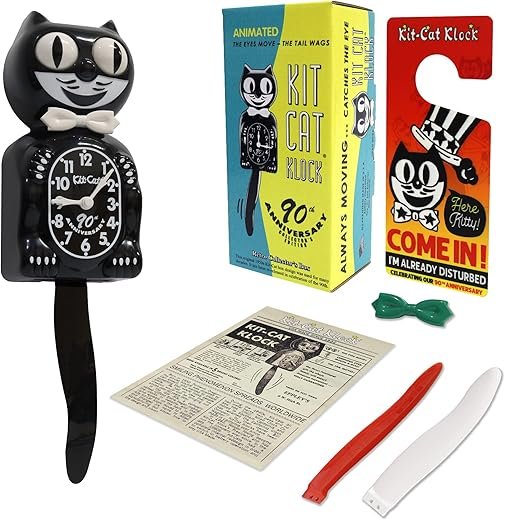 Kit Cat Klock The Original 90th Anniversary Limited Edition with Collectors Box, Black Kit Cat Wall Clock with White Bow Tie, Pendulum Tail and Moving Eyes, Ideal as a Vintage Home Decoration