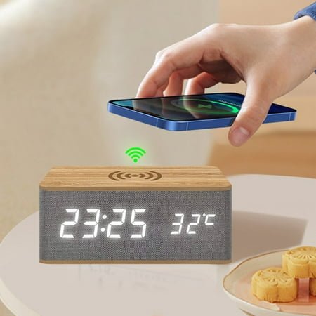 kkbbma Deals Of The Week Alarm Clock Wireless Mobile Phone Charger - Alarm Clock Wireless Mobile Phone Charging Wooden Clock LED Voice Controlled Electronic Clock Wooden Clock Mute Night Light