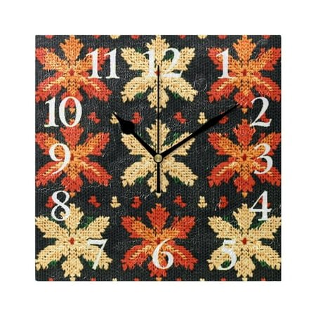 Knitted Pattern Maple Leaves Square Wall Clock Battery Operated Easily Read Black Pointer Home Decor for Living Room Bedroom 7.78 x 7.78