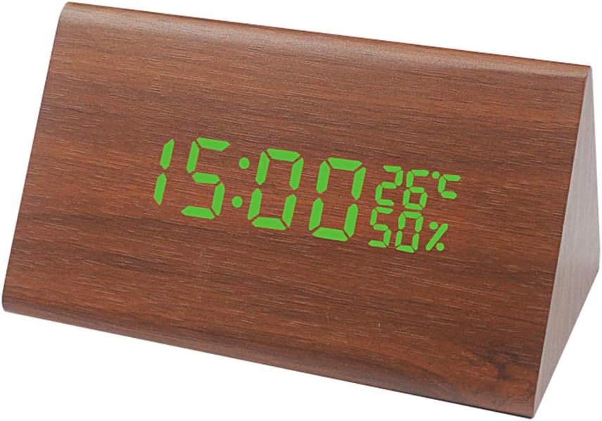 KORADA Digital Wooden Alarm Clock, Wood Electronic LED Time Display, Desk Clock 3 Alarm Settings, Humidity & Temperature Detect, Wood Made Electric Clocks for Bedroom, Bedside, Home (Brown-Green)