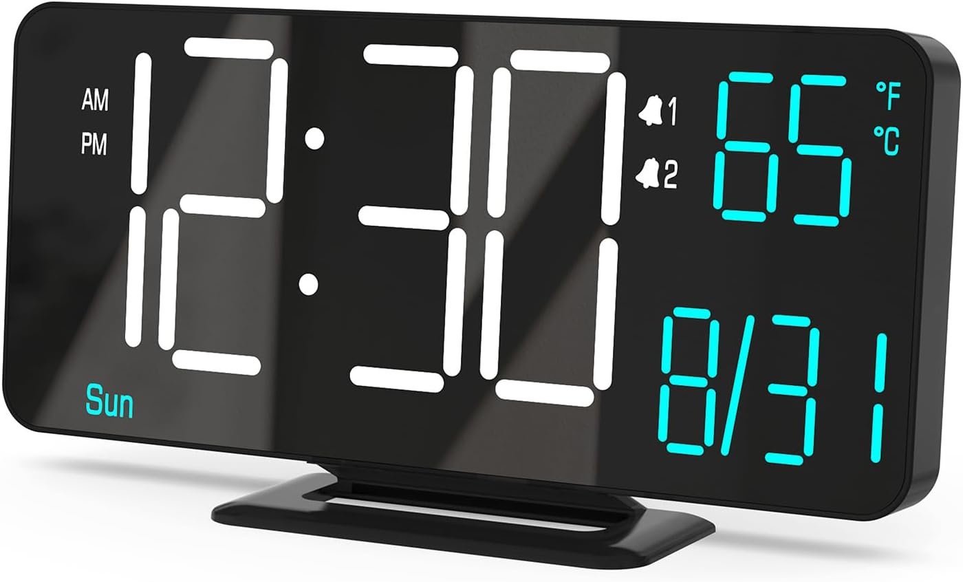 KOSUMOSU Digital Clock for Bedroom 6.7in Small Digital Alarm Clock Black, Dimming,12/24h,Date,Day of Week, Indoor Temperature,Desk Clocks for Classroom, LED Clocks for Living Room, Digital Calendar