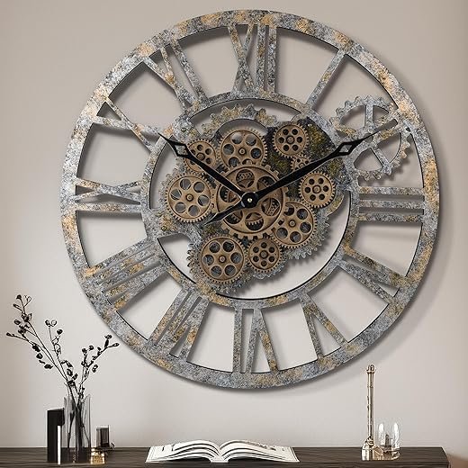 Lafocuse 23 Inch Steampunk Real Moving Gears Wall Clock Industrial, Gear Clock with Moving Gears Exposed, Rustic Farmhouse Bronze Large Wall Clock for Living Room Decor Office Home