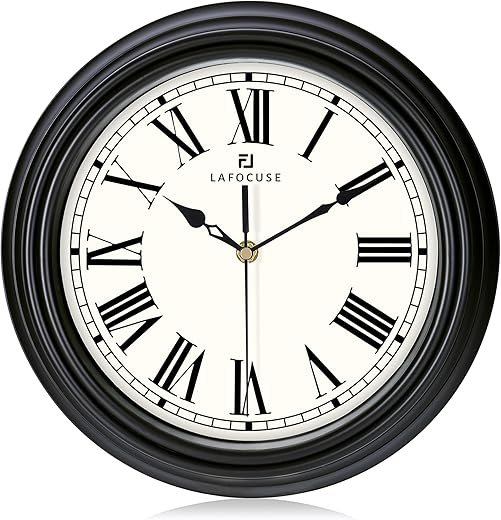 Lafocuse Black Wall Clock Roman Numerals 12 Inch Silent Non-Ticking Kitchen Clock for Living Room Office Bedroom Home Decor