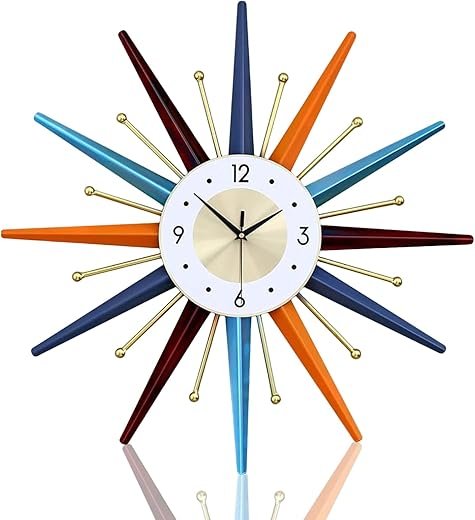 Large 22 Inch Mid Century Wall Clock, Silent Non-Ticking Colorful Art Modern Wall Clock, Home Decor 3D Battery Operated Starburst Wall Clock for Living Room Bedroom Office Restaurant Kitchen