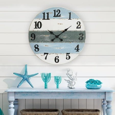 Large Beach Coastal Nautical Wall Clock, 24 Inch Wooden Wall Clocks Battery Operated,Vintage Farmhouse Decorative for Living Room, Kitchen, Home, Bedroom, Laundry Room, Blue