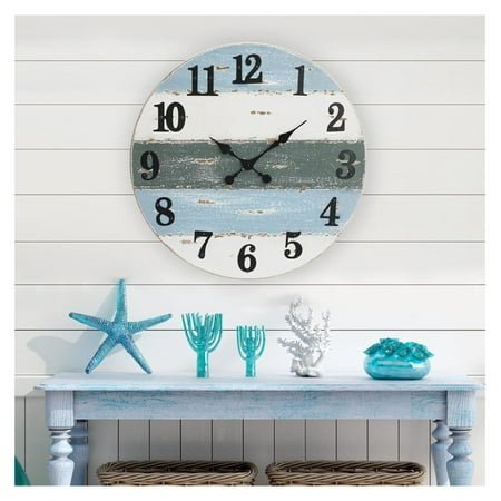 Large Beach Coastal Nautical Wall Clock, 24 Inch Wooden Wall Clocks Battery Operated,Vintage Farmhouse Decorative for Living Room, Kitchen, Home, Bedroom, Laundry Room, Blue