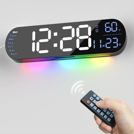 Large Digital Wall Clock with Remote Control 13.7’’, Auto Brightness, 9 RGB Ambient Light, Dual Alarm Clock&Timer, 12/24H Mode, Temperature for Bedroom, Wall Decor Gift for Elder, Black，2 pack