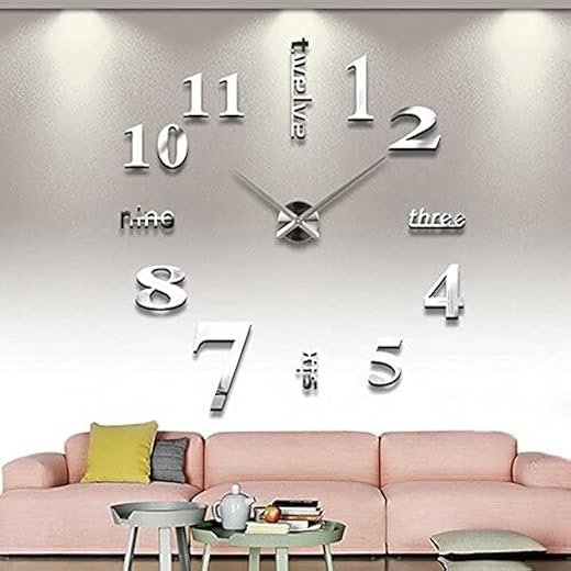 Large DIY Wall Clock, Modern 3D Frameless Wall Clock with Mirror Numbers Stickers for Home Office Living Room Bedroom Wall Decoration