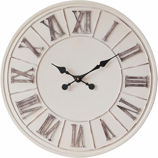 Large Farmhouse Ivory White Wall Clock - 24 inch, Vintage Rustic Living Room Decorative Wall Clock | Rustic Metal Face | Roman Numeral | Battery Operated