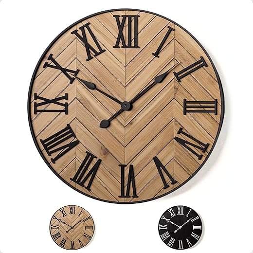 Large Wall Clock 24 Round - Silent Metal & Wood Large Clock - Farmhouse Wall Clock Large - 24 Inch Wall Clock For Living Room Decor - Big Wall Clock Roman Numerals - Wall Clocks For Living Room Decor