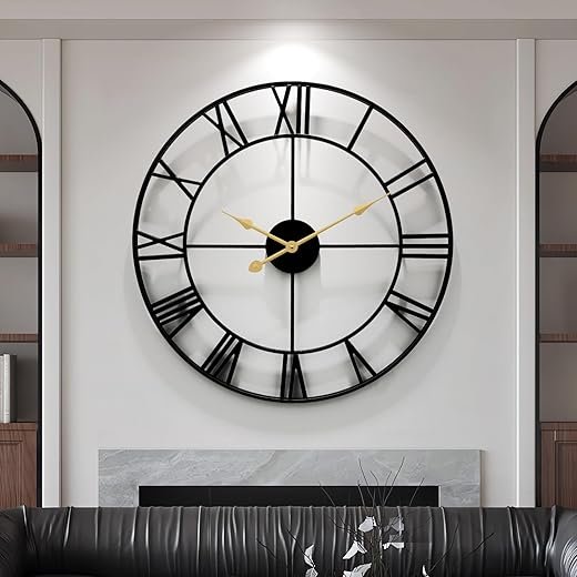 Large Wall Clock for Living Room,Decorative Round Modern Wall Clock,Roman Silent Black Clock Battery Operated for Bedroom/Kitchen/Entryway/Office/Farmhouse 24Inch