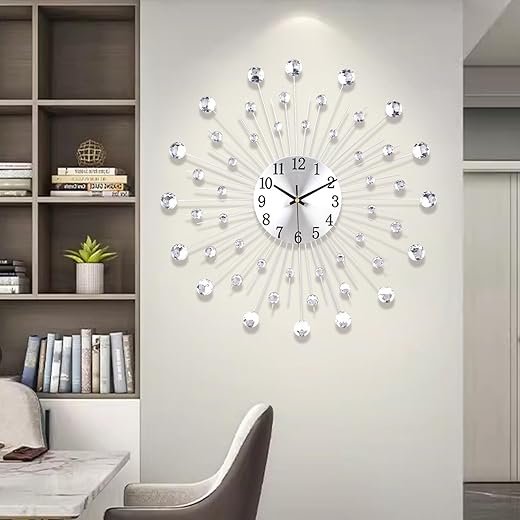 Large Wall Clock for Living Room Modern Silent Wall Clocks Battery Operated Decorative Non-Ticking Clocks for Bedroom Kitchen Dining Room Office Silver Crystal Metal Wall Decor for House