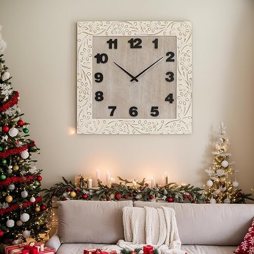 Large Wall Clock Square Living Room Decor Clocks, Numeral Wall Clocks with Battery Operated, Quartz Analog Movement Decorative Wall Clock for Office, Home, Kitchen, 24 Inch White