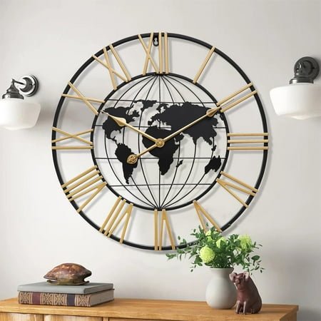 Large World Map Wall Clock,Metal Minimalist Modern Clock, Round Silent Non-Ticking Battery Operated Wall Clocks for Living Room/Home/Kitchen/Bedroom/Office/School Decor (24 Inch)