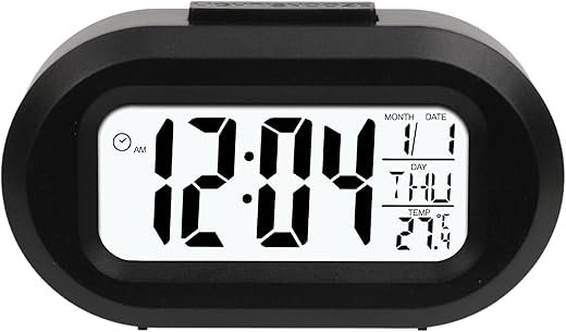 Laril Smart Night Light Digital Travel Alarm Clock with Indoor Temperature, Battery Operated Desk Small Clock for Bedroom Bathroom Kitchen & Traveling (Black)