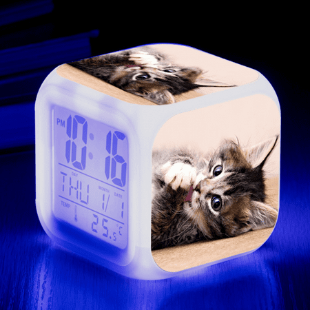 LED Alarm Clock Cat Pattern Creative Desk Table Clock Glowing Electronic Colorful Digital Clock for Unisex Adults Girl Boy Kids Children Toy Birthday Present Gift